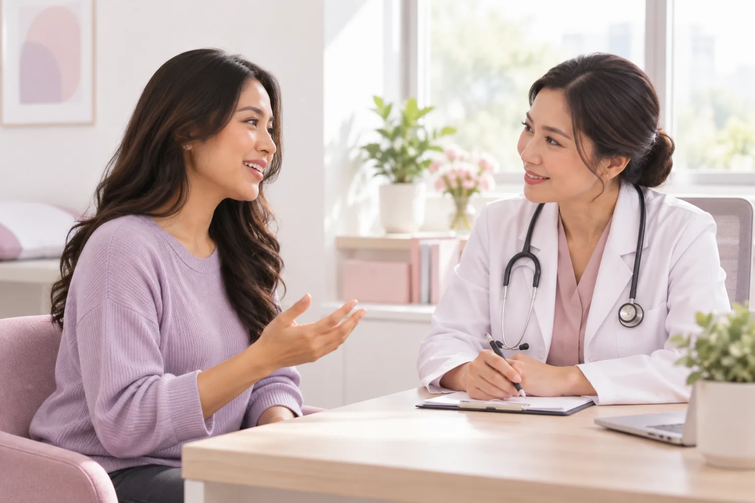 A patient talking with a doctor in a bright consultation room